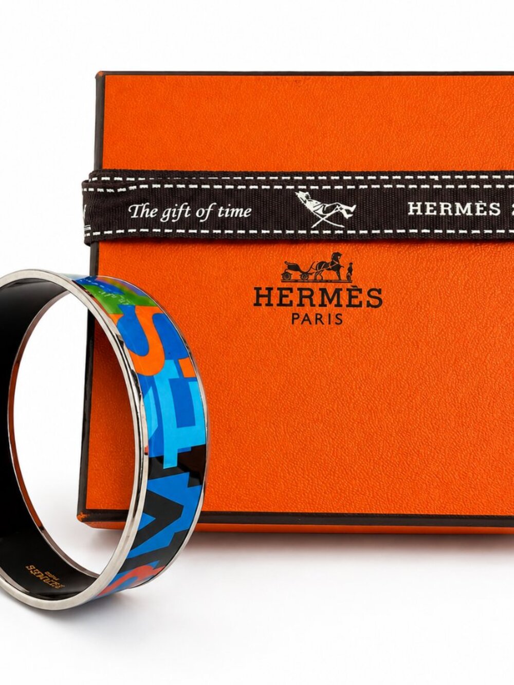 Hermès Capitales Wide Enamel Palladium Bangle Bracelet Multicolor w/ Box